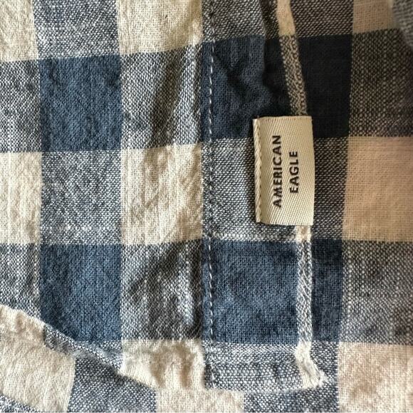 American Eagle Buffalo Plaid Button Down Shirt Cotton Blue Cream Men's L Preppy - Picture 4 of 12